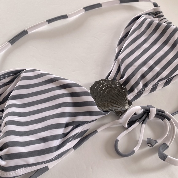 Hobie Gray and white stripped bandeau halter bikini TOP ONLY, Size M - Picture 2 of 7